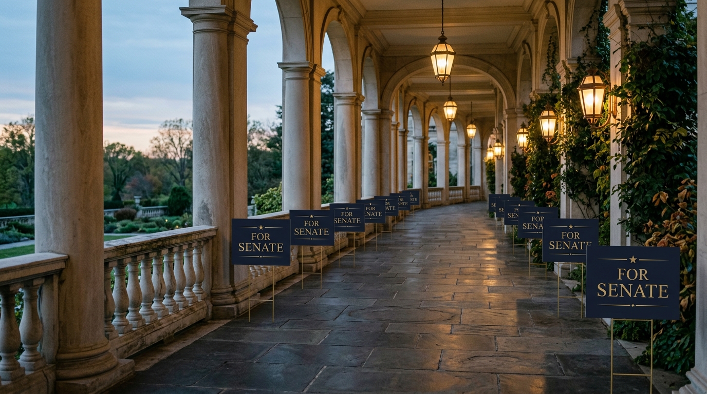 A stone colonnade walkway at dusk lined with matte-navy campaign placards on slender gold stakes, each reading FOR SENATE in gold serif letters, warm lanterns glowing, nobody there.