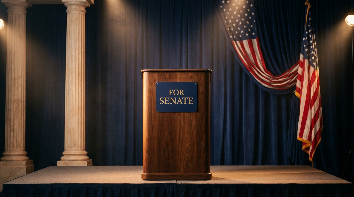 An empty polished walnut lectern on a flag-draped stage, a navy placard reading FOR SENATE in gold serif letters mounted on its front, American flag and marble columns behind, warm spotlights, nobody there.