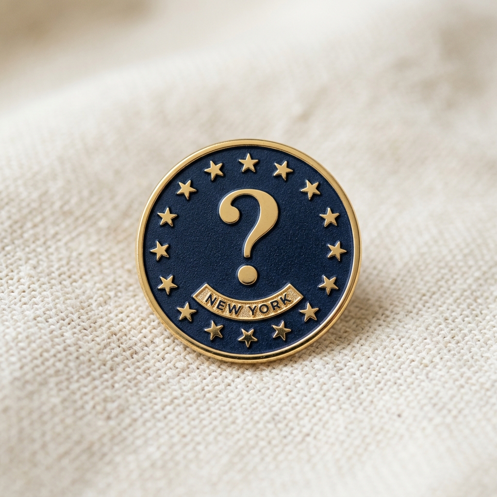 A matte-navy enamel campaign seal with a gold-rimmed ring of thirteen stars, a large gold serif question mark at center, and a slim gold banner reading NEW YORK.